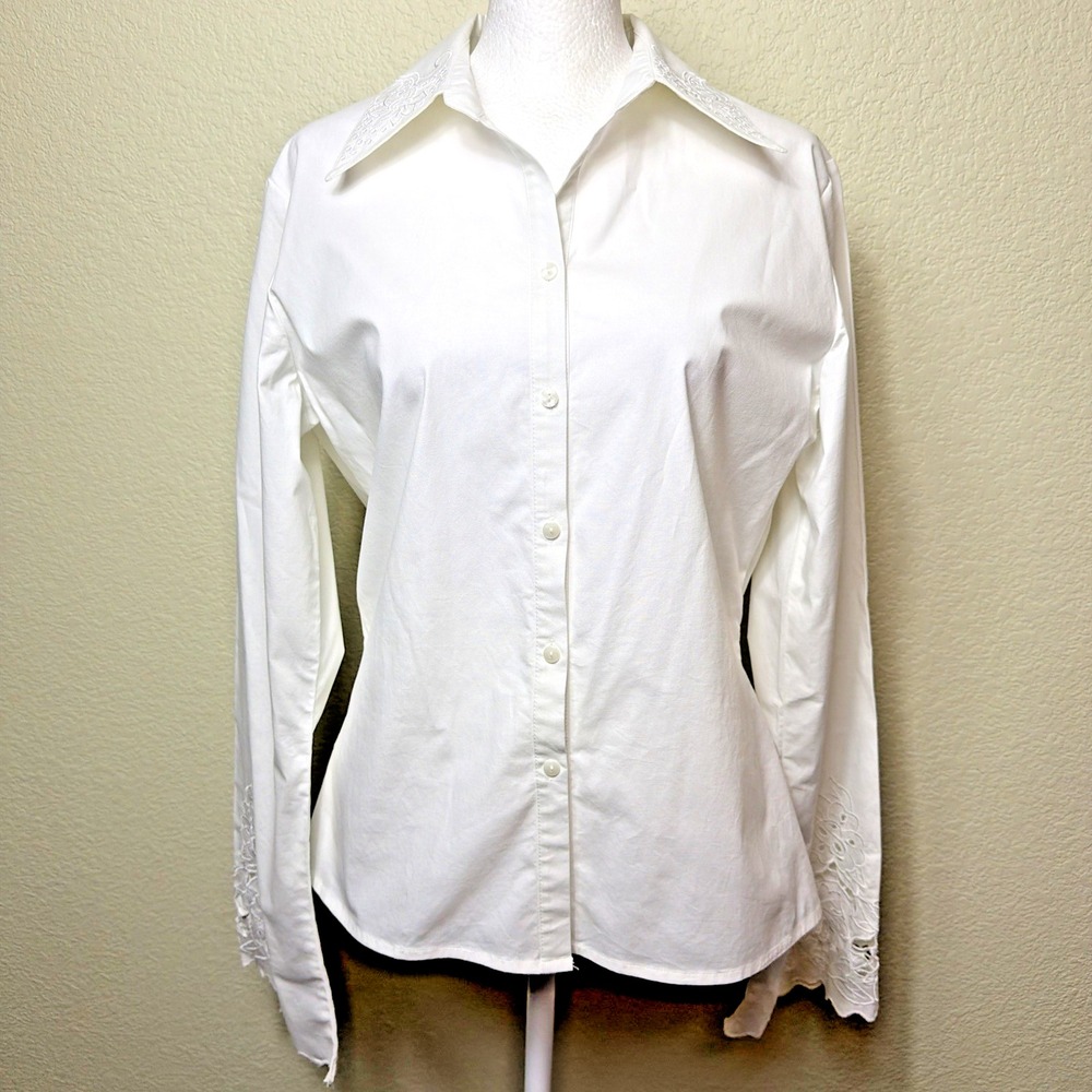 Forenza Shirt 8 Womens White Embroidered Cotton Stretch Button Up Blouse Vintage
